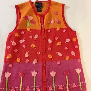 Eagle's Eye Collectibles 1990’s Vintage Vest Crochet Knit M Rare Flowers Ladybug